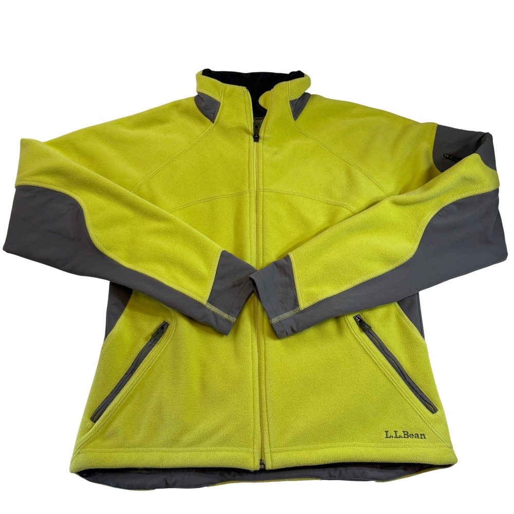 LL Bean Fleece Zip Up Jacket Bright Lime Green Gray Polartec Women's Size Medium